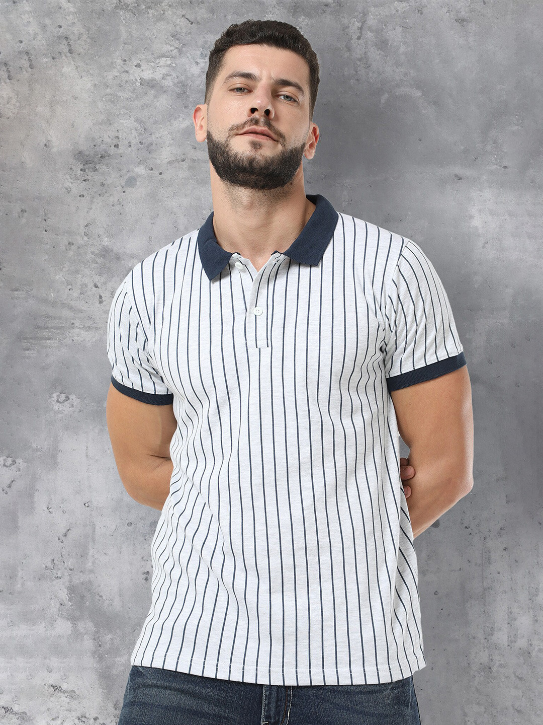 fanideaz Vertical Striped Polo Collar Casual Knitted Pure Cotton T-shirt