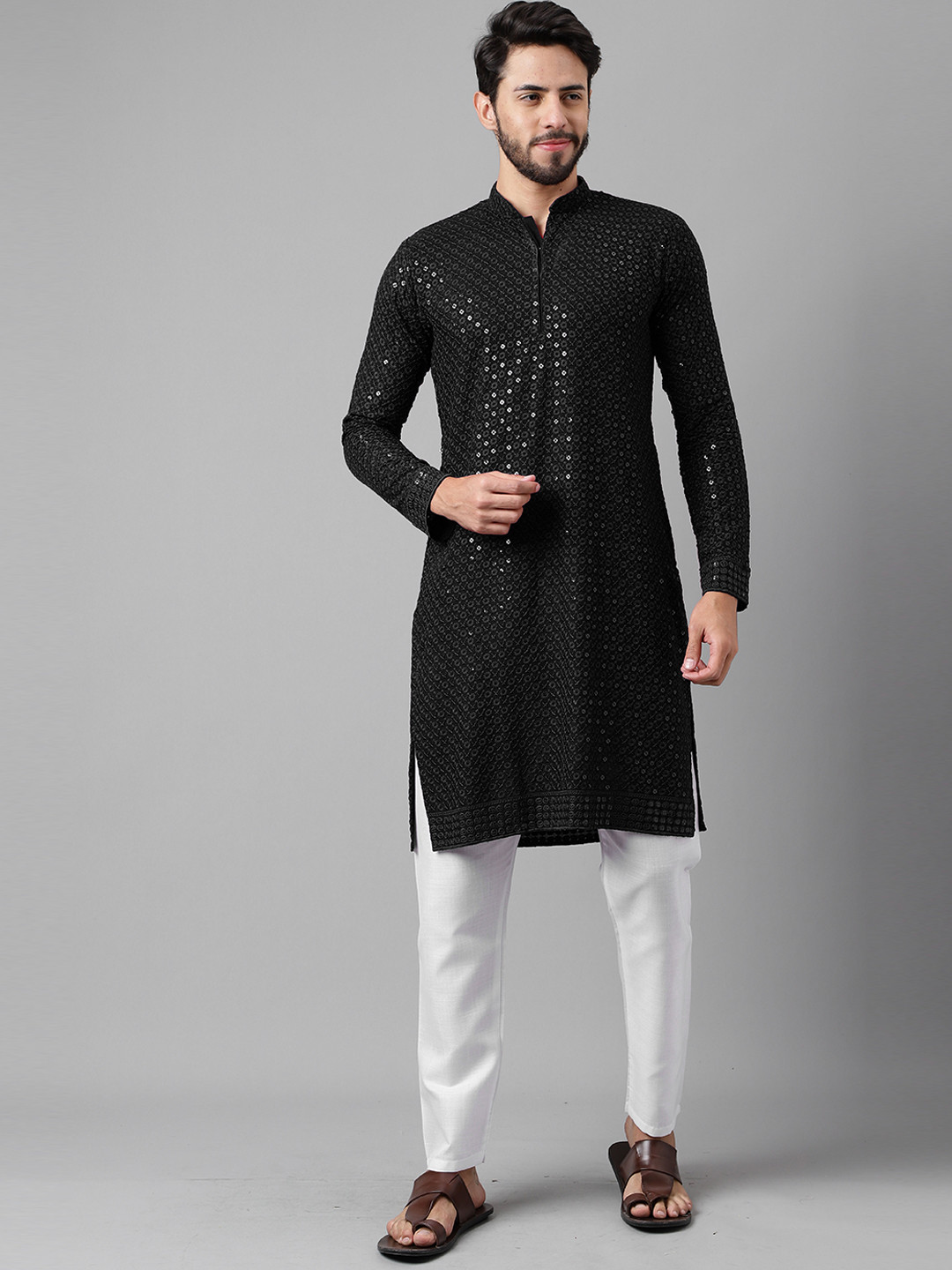 Sangria Ethnic Motifs Embroidered Sequinned Detailed Cotton Silk Straight Kurta