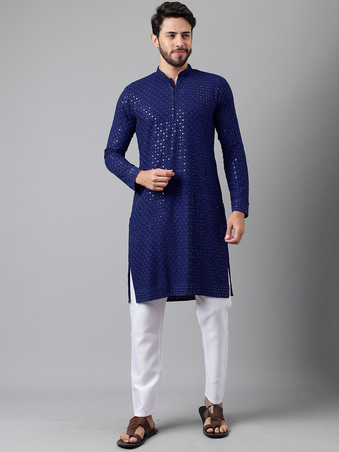 Sangria Ethnic Motifs Embroidered Sequinned Detailed Cotton Silk Straight Kurta