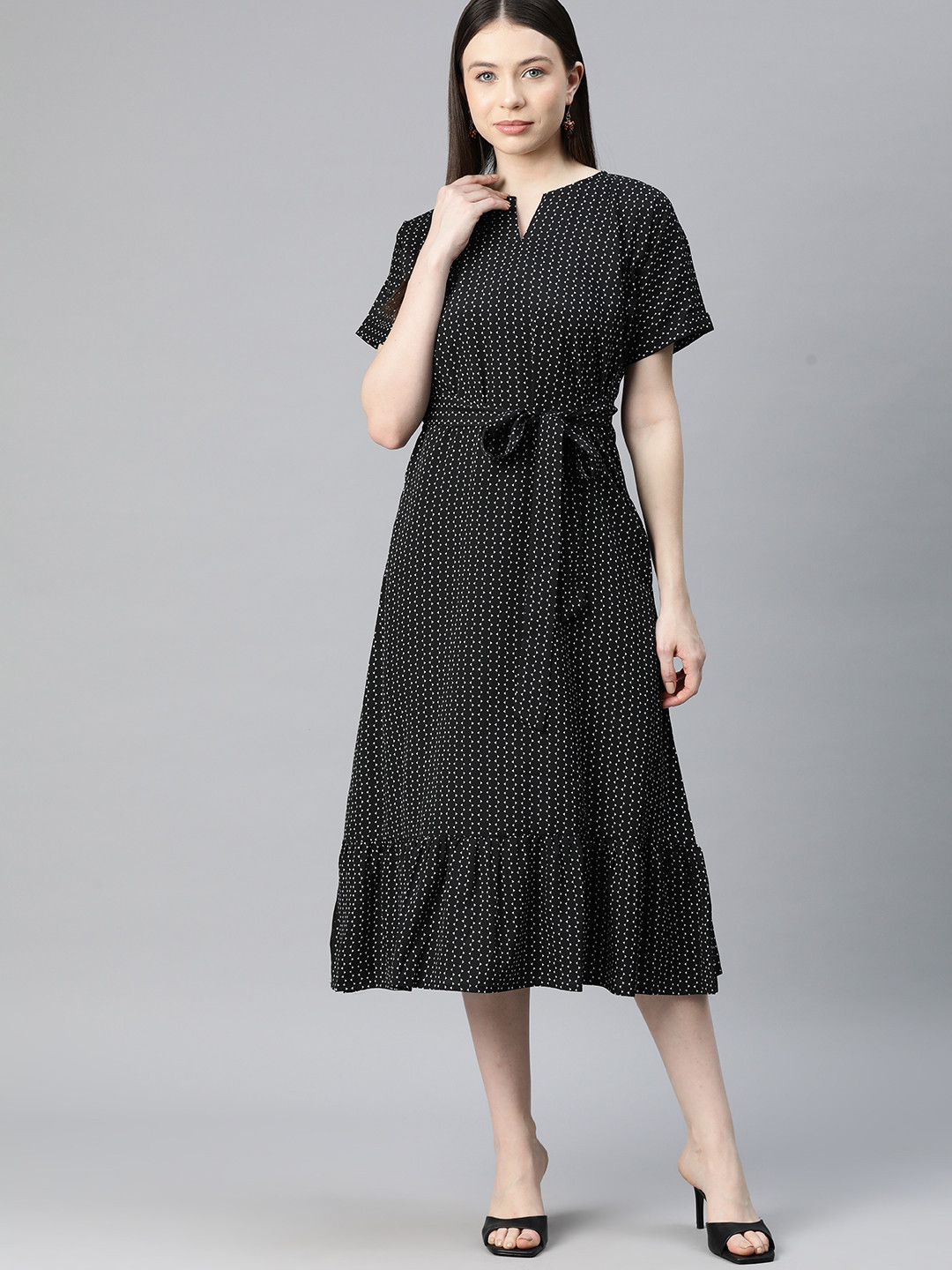 Cottinfab Polka Dot Print Crepe A-Line Midi Dress
