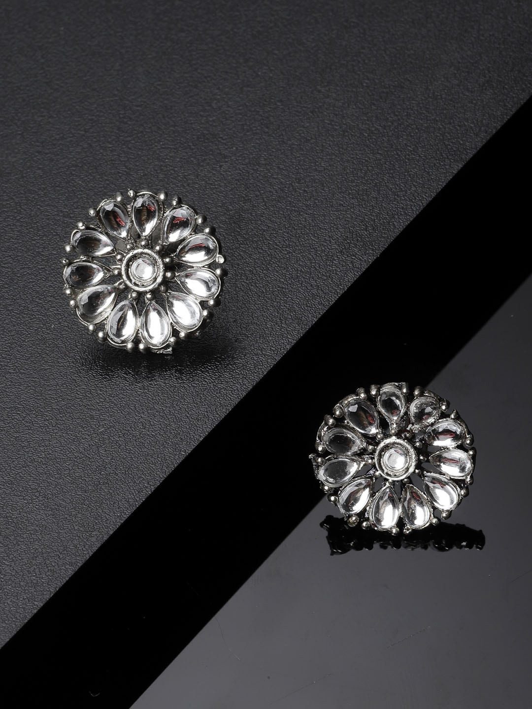 ADIVA Silver-Plated Kundan-Studded Oxidised Floral Stud Earrings
