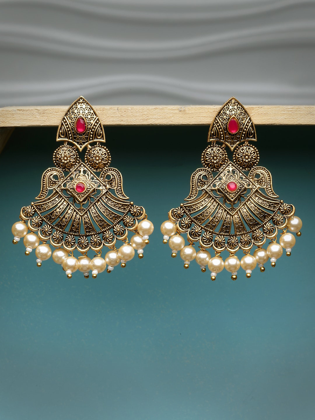ADIVA Gold-Plated Stone & Pearl Studded Antique Classic Drop Earrings