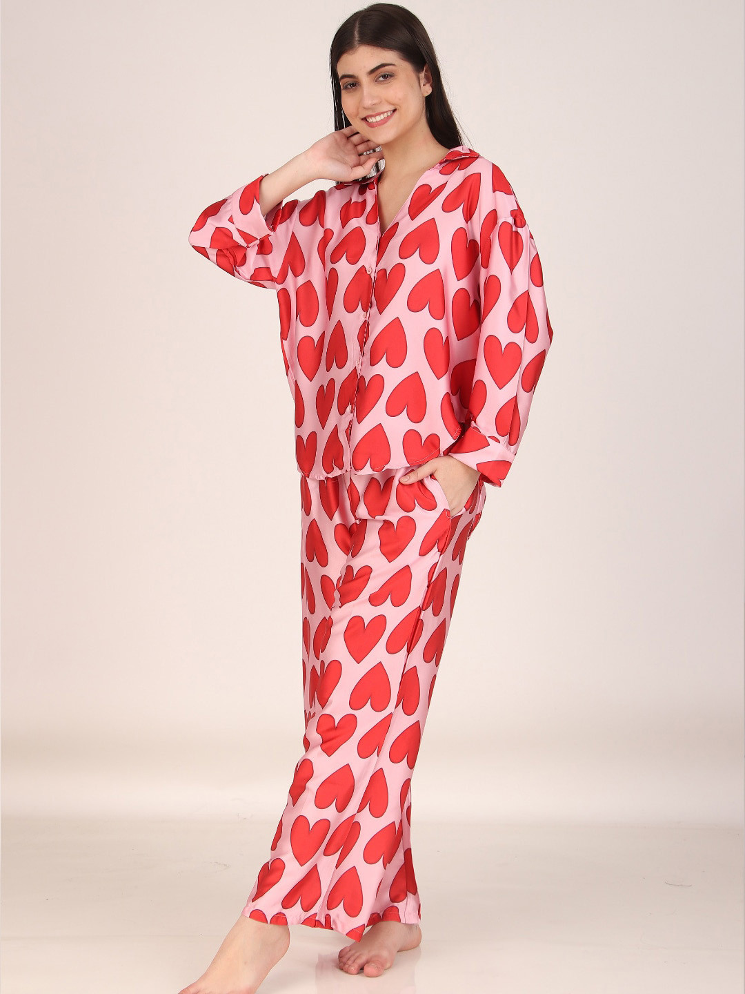 Masha Women All Hearts Oversized Satin Night Suit