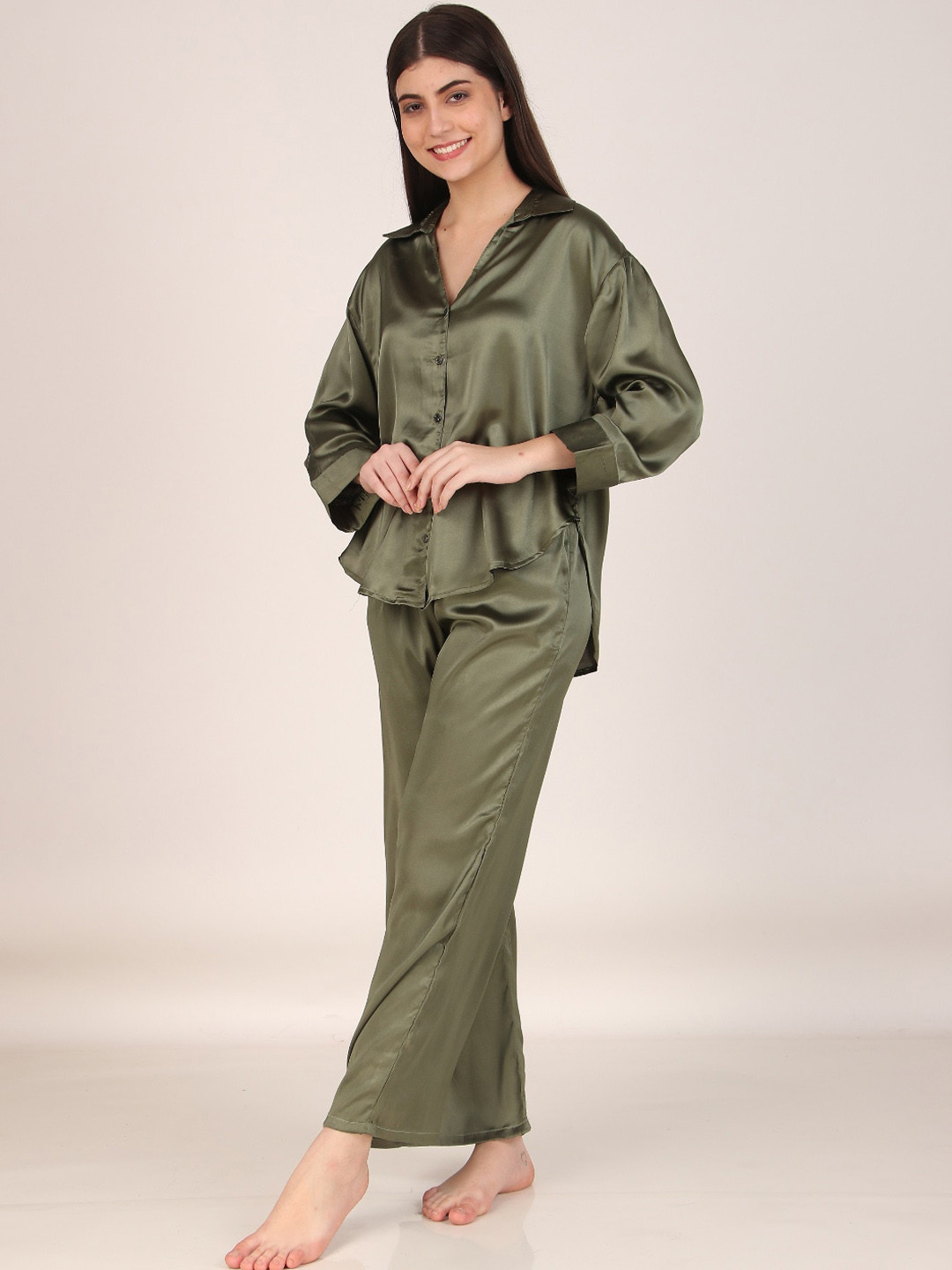Masha Women Solid Olive Oversized Satin Night Suit