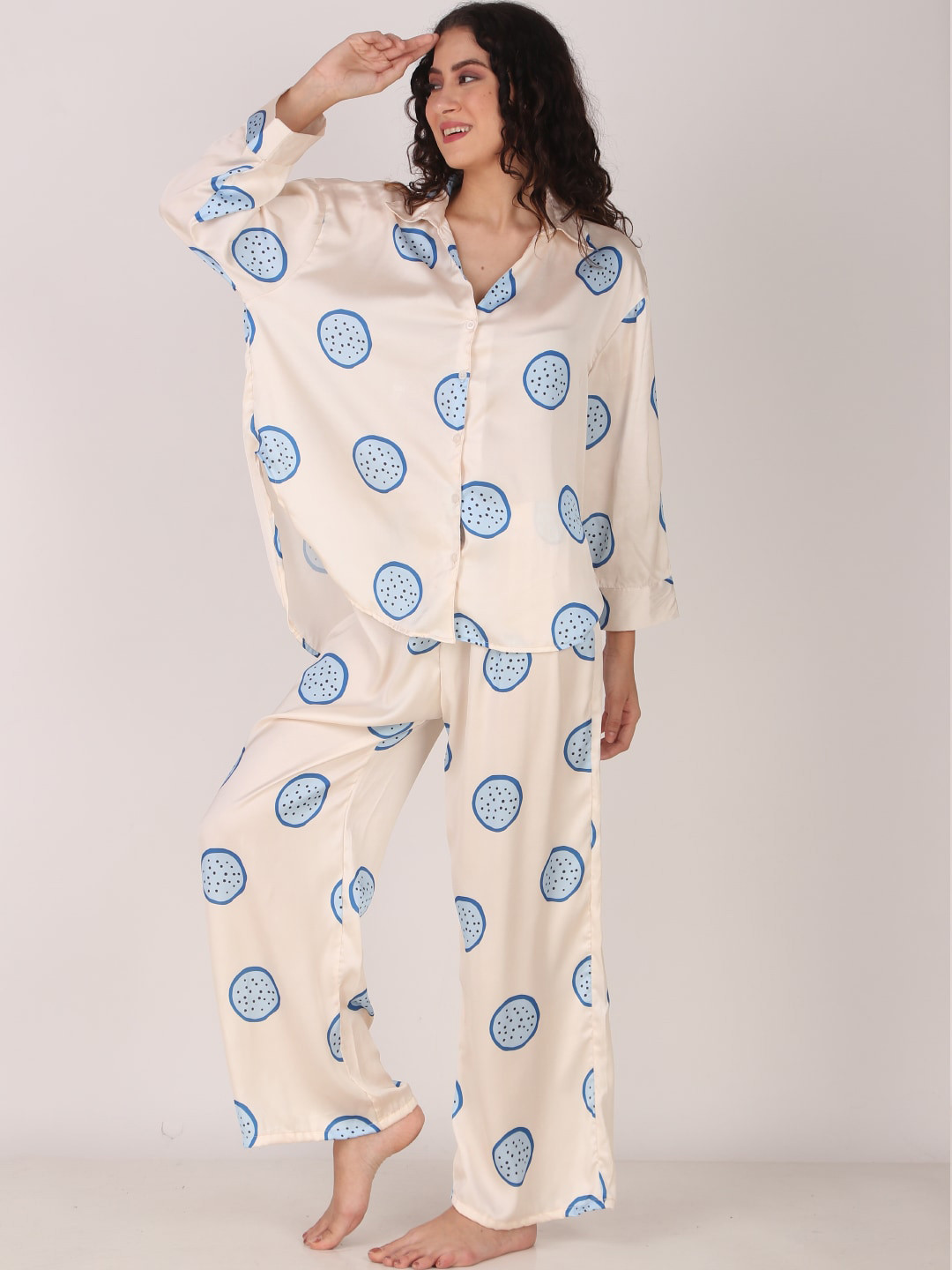Masha Women Blue Dragonfruit Oversized Satin Night Suit