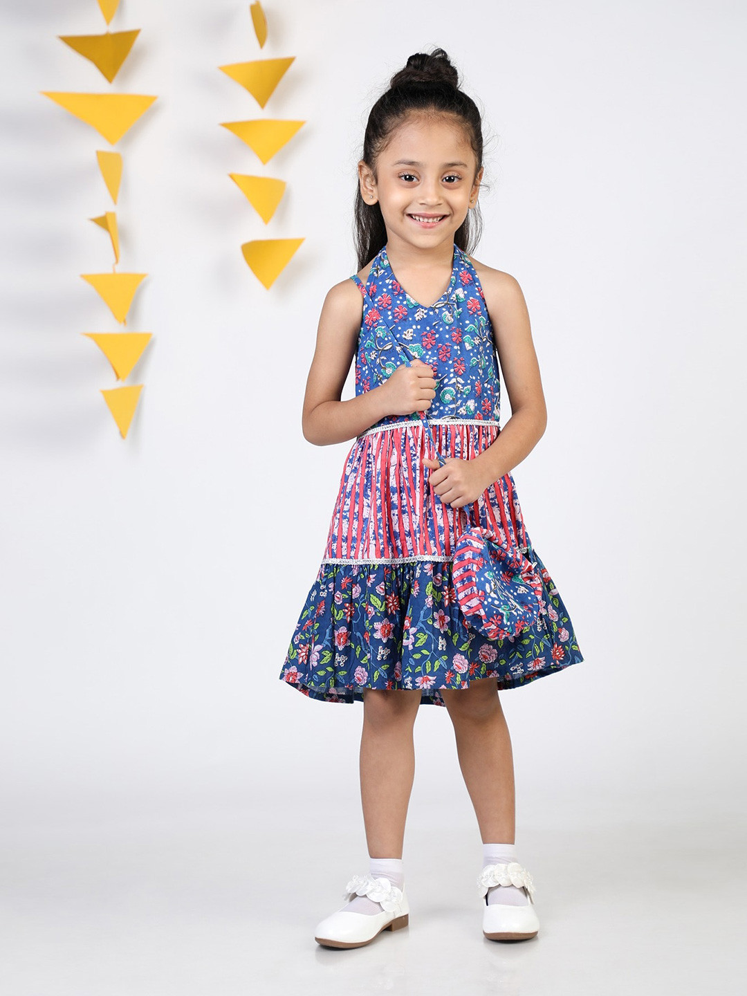 Budding Bees Blue Floral Printed Halter Neck Tiered Detail Cotton Fit & Flare Dress