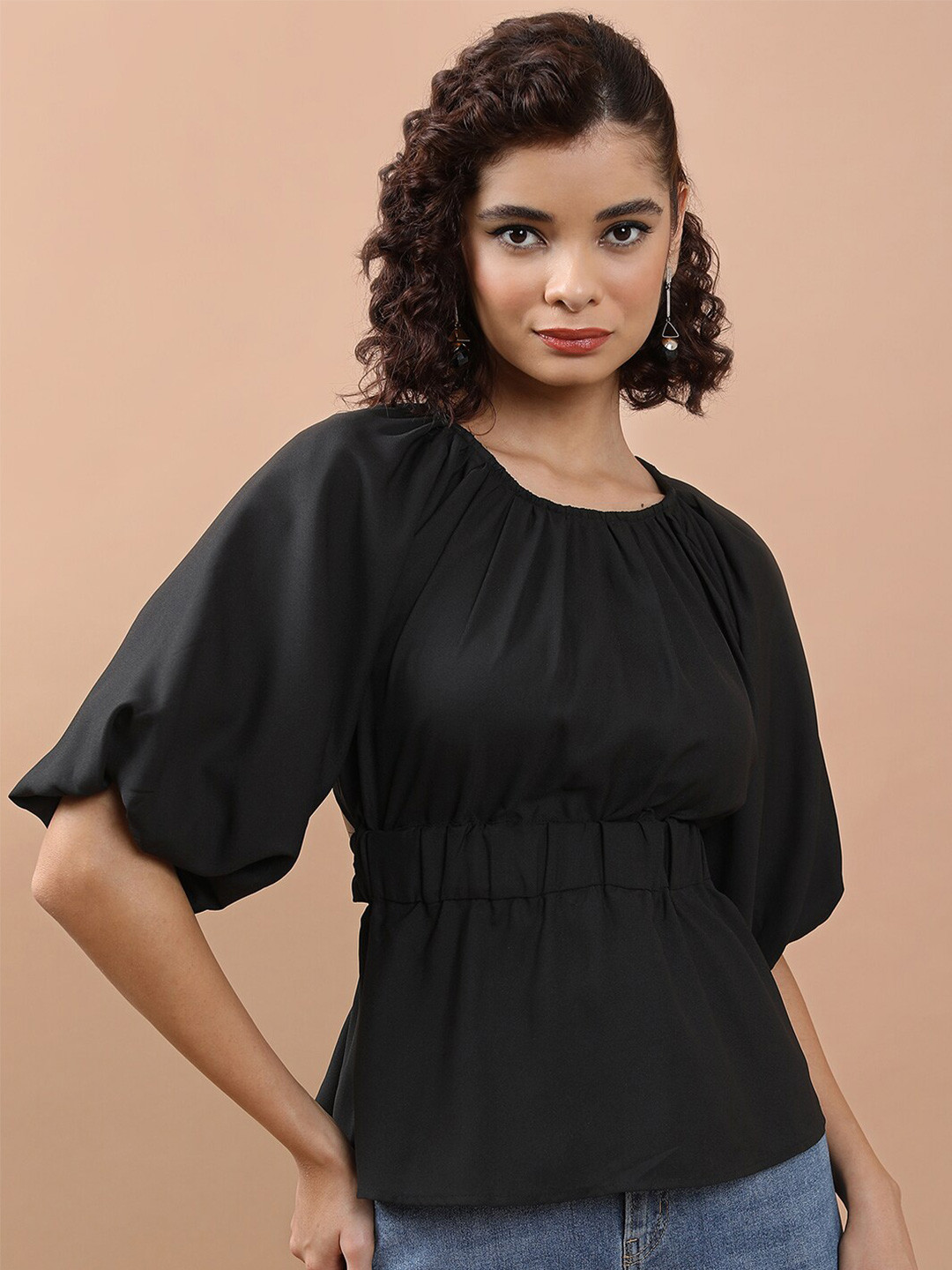 KETCH Round Neck Flared Sleeve Styled Back Crop Top