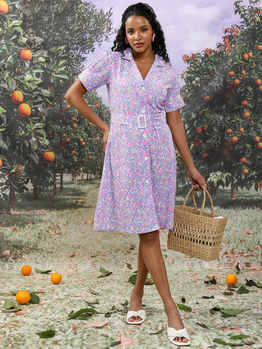 Tokyo Talkies Blue Floral Printed Shirt Collar Puff Sleeves Belted Shirt Dress