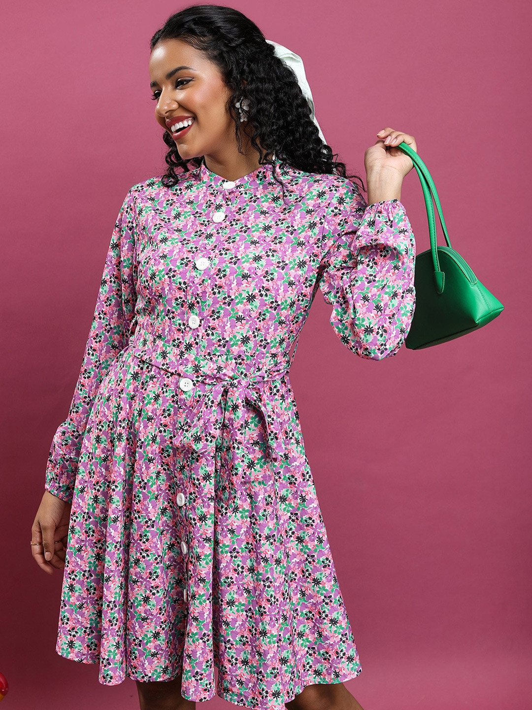 Tokyo Talkies Floral Printed Cuffed Sleeves Fit & Flare Dress
