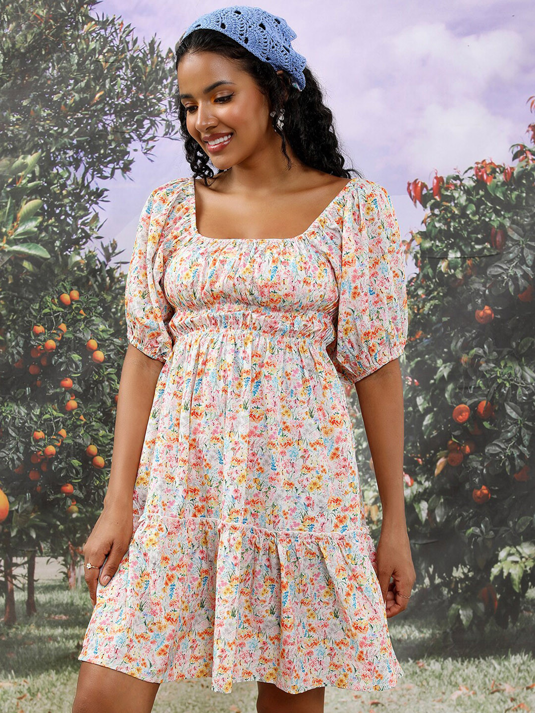 Tokyo Talkies White Floral Printed Square Neck Puff Sleeve gathered Fit & Flare Dress