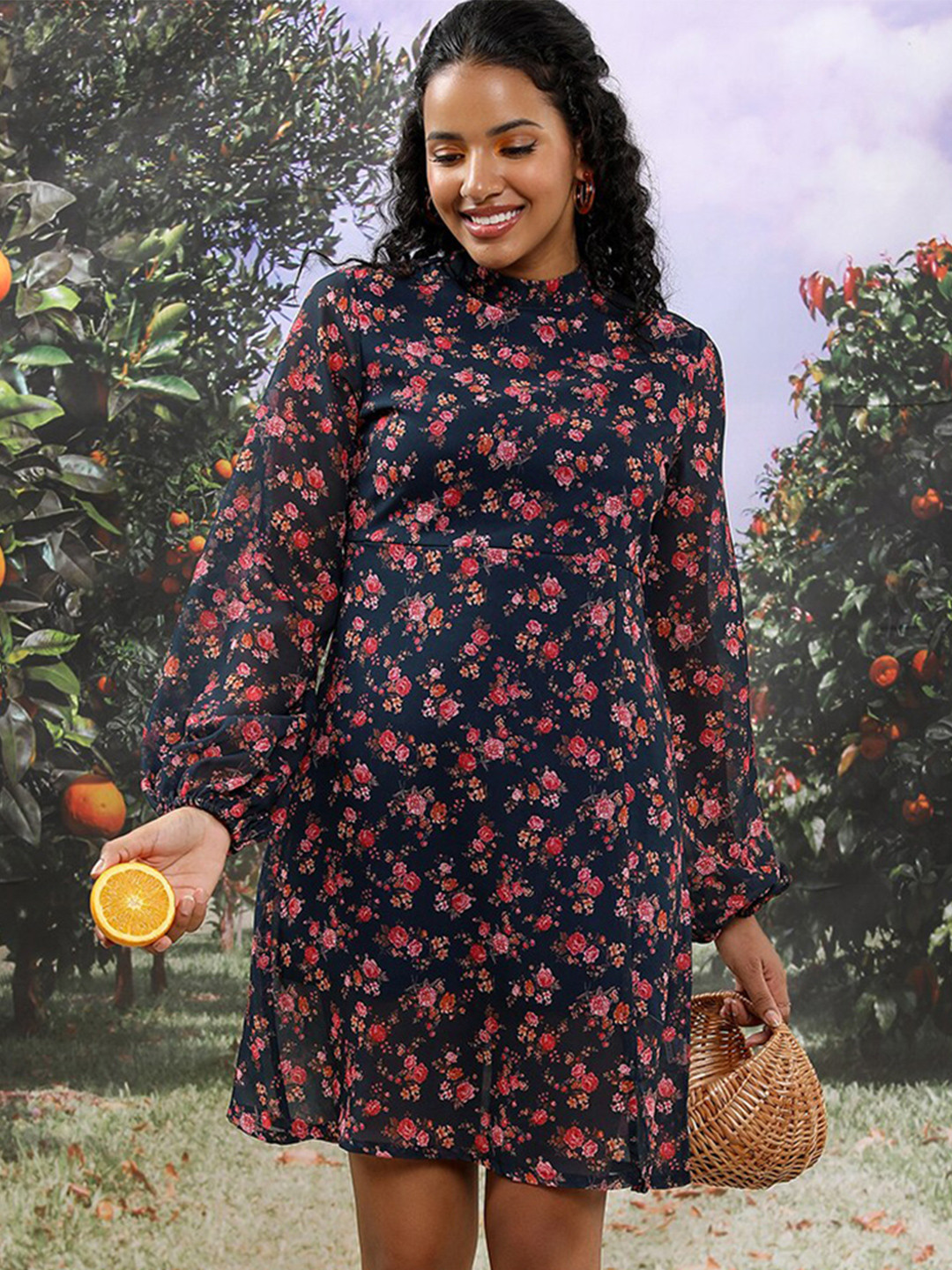 Tokyo Talkies Teal Floral Printed High Neck Puff Sleeves A-Line Dress