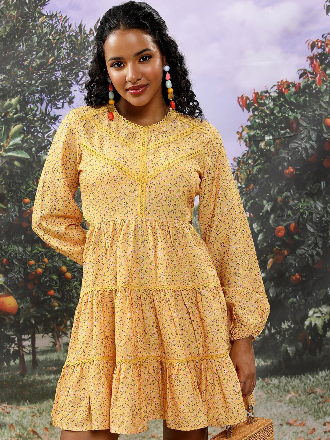 Tokyo Talkies Yellow Floral Printed Puff Sleeves Cut-Out Detail Tiered Fit & Flare Dress