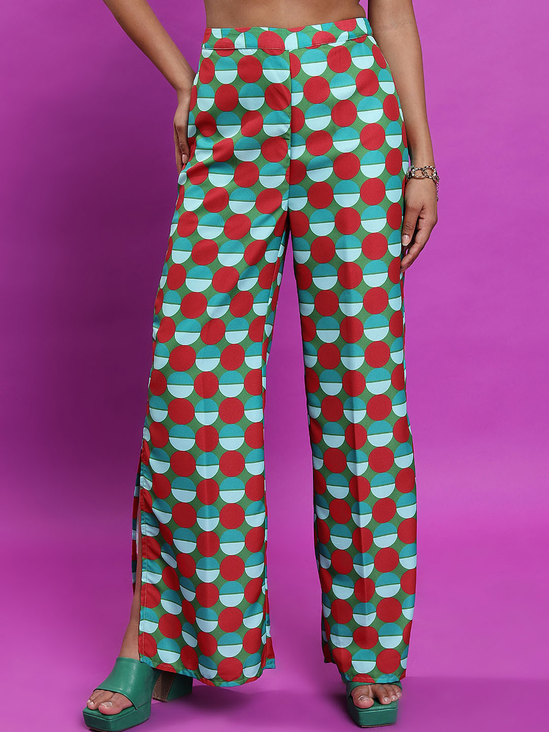 Tokyo Talkies Women Red Printed Flared Trousers