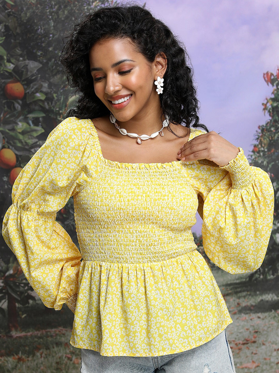 Tokyo Talkies Yellow Floral Print Bell Sleeve Smocked Peplum Top