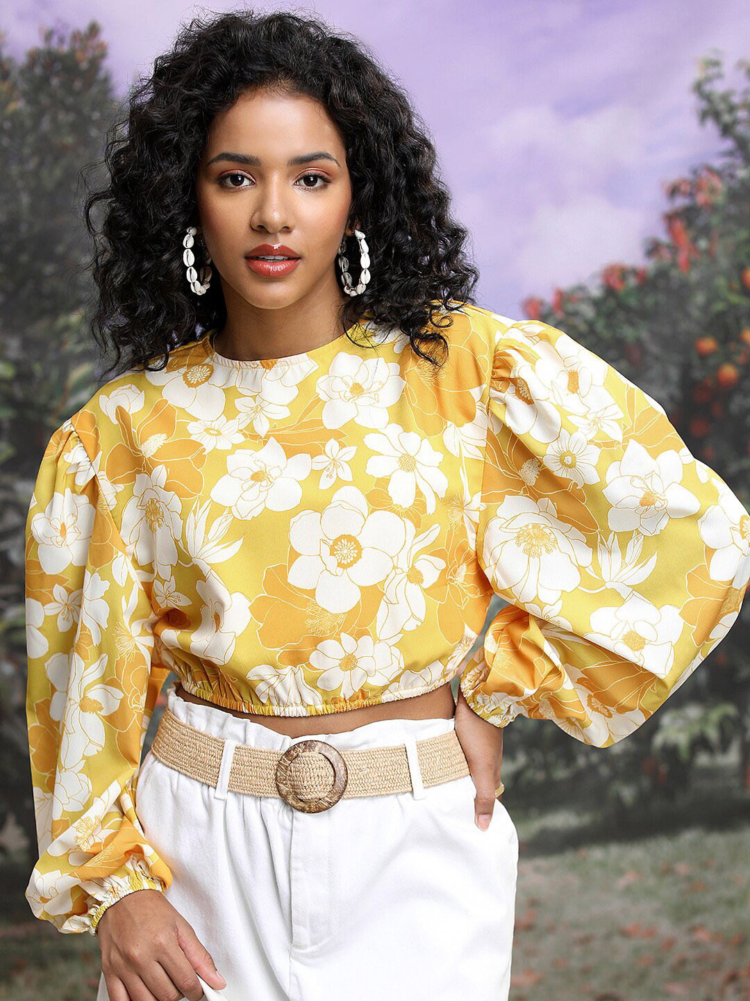 Tokyo Talkies Yellow Floral Printed Puff Sleeves Blouson Crop Top