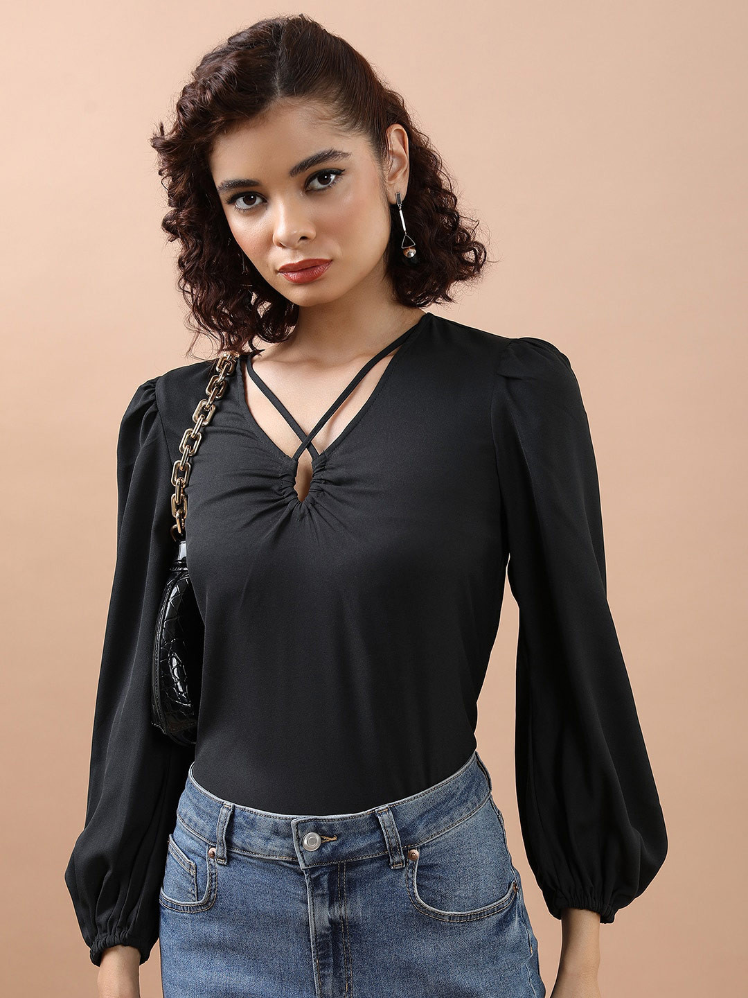 Tokyo Talkies Black Cut Out Puffed Sleeves Top