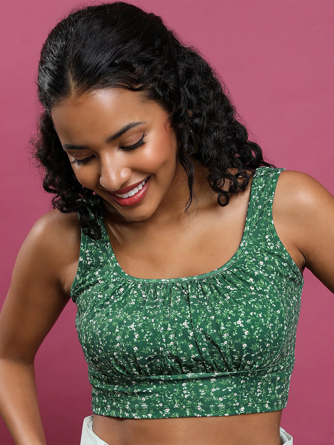 Tokyo Talkies Green & White Floral Printed Scoop Neck Bralette Crop Top