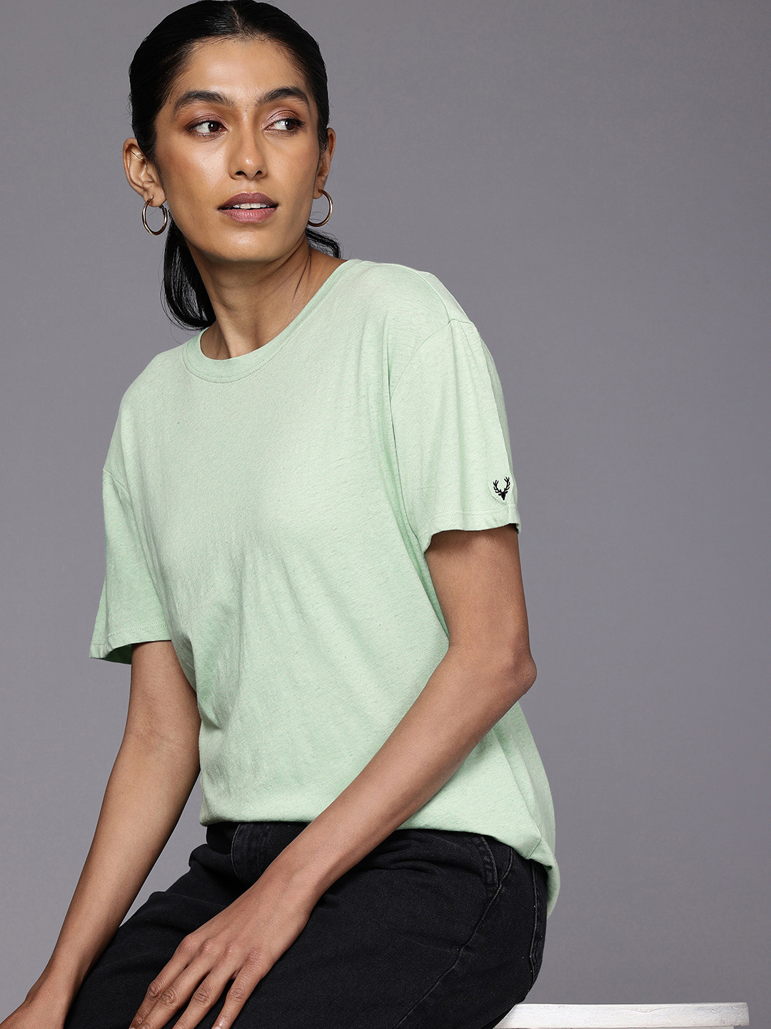 Allen Solly Woman Drop-Shoulder Sleeves Relaxed Fit Cotton Linen T-shirt