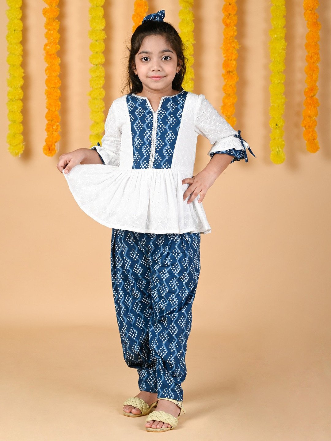 Budding Bees Girls Printed Round Neck Three-Quarter Sleeve Pure Cotton Top with Palazzos