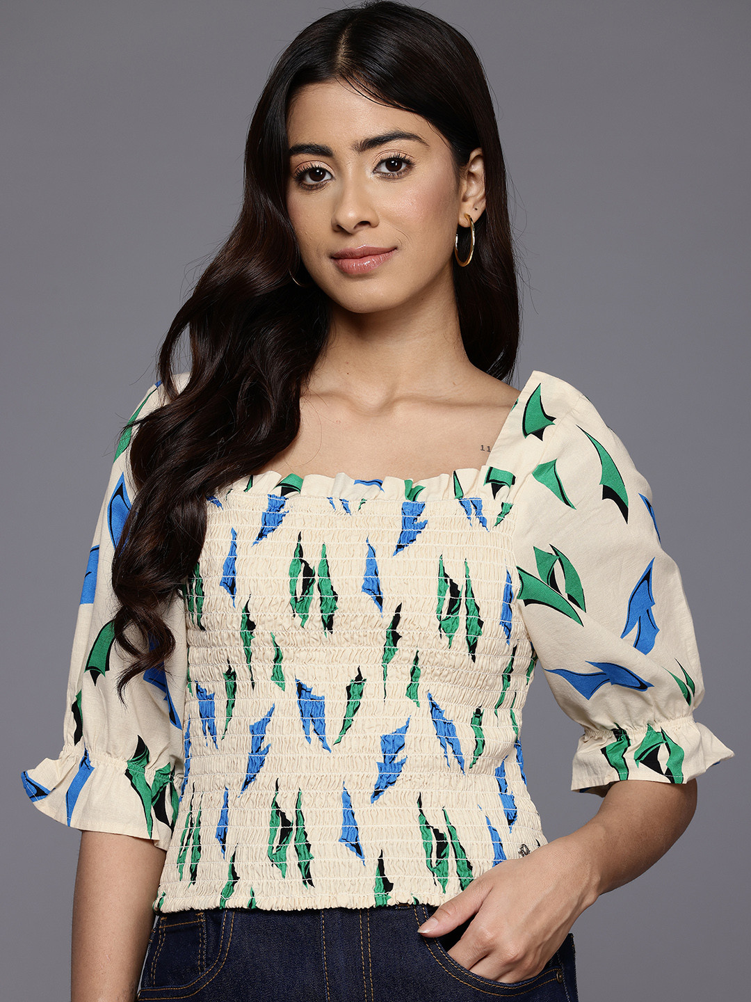 Allen Solly Woman Geometric Print Smocked Top