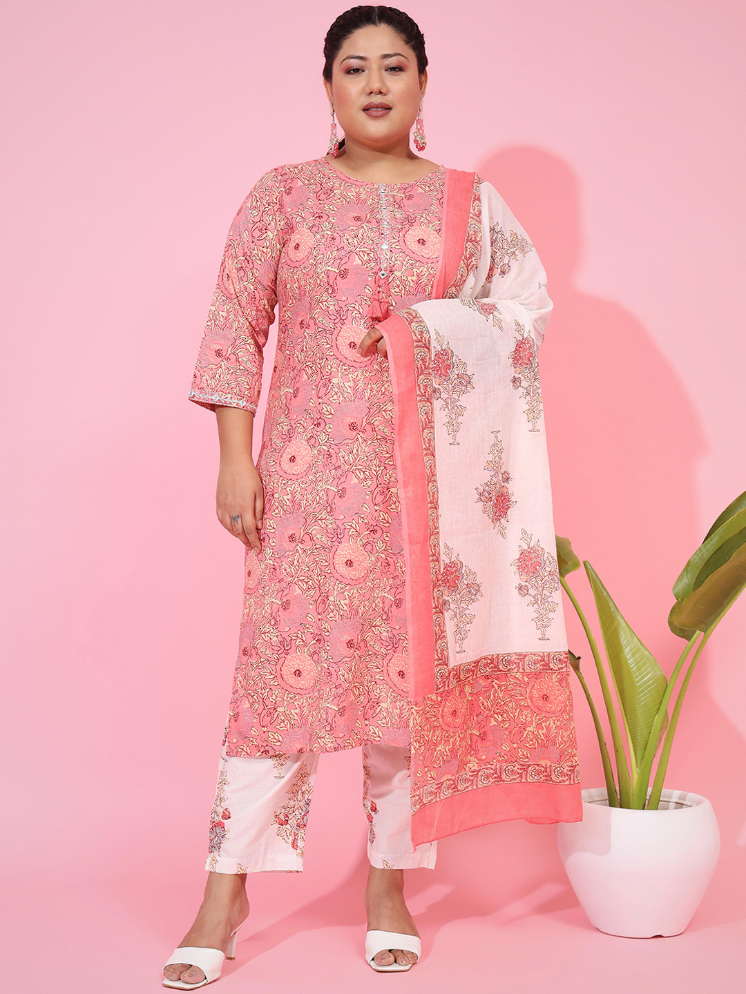 Vbuyz Plus SIze Floral Embroidered Mirror Work Kurta with Trousers & Dupatta