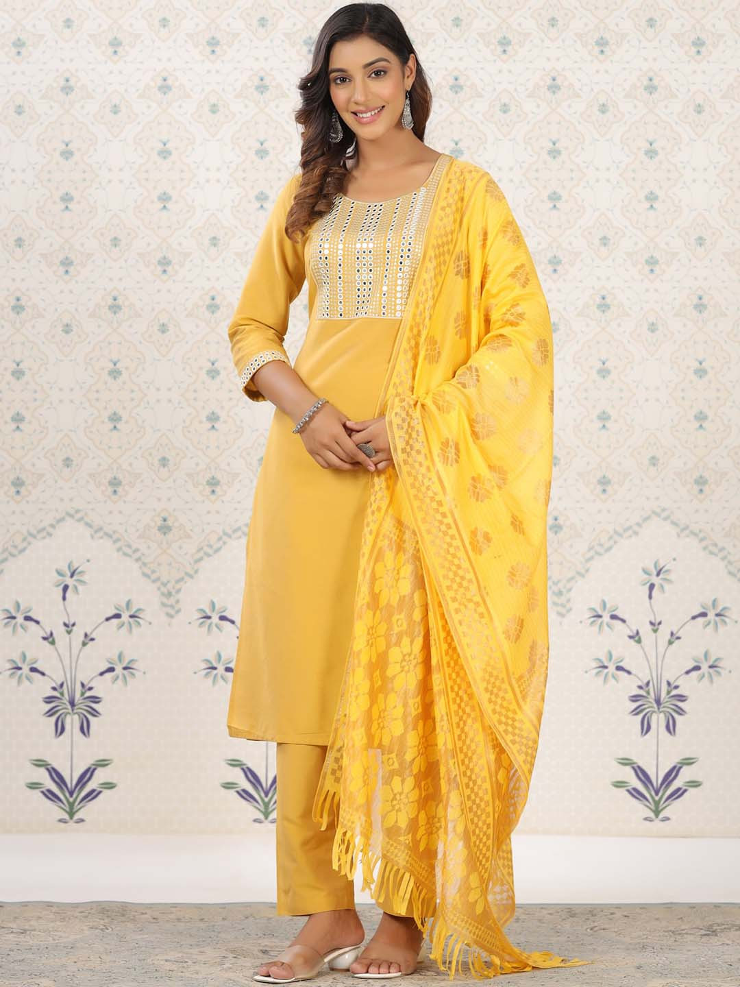 Ode by House of Pataudi Geometric Yoke Design Mirror Work Kurta with Trousers & Dupatta