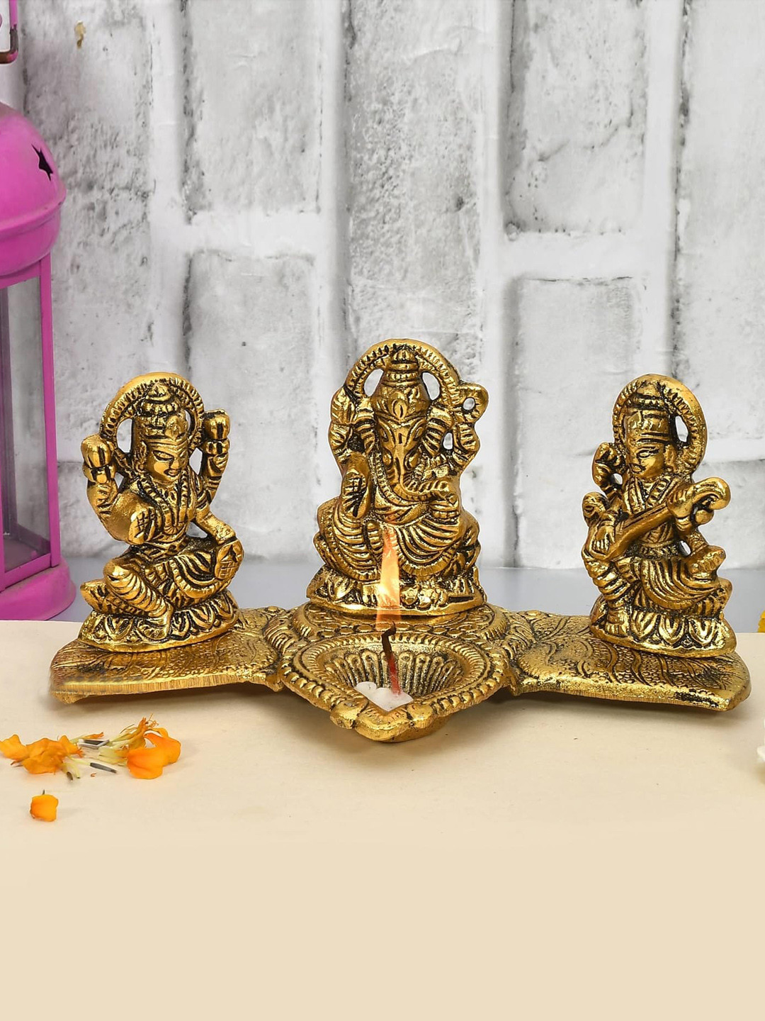 Ascension Laxmi Ganesh Saraswati Gold Metal Metallic Prayer Room Small Showpiece - 3.9 Inches