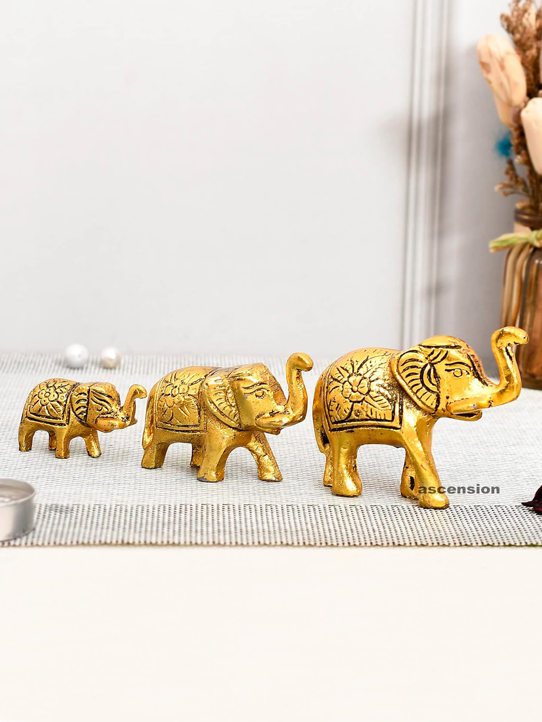 Ascension Trunk Up Elephant Family Gold Metal Metallic Living Room Set of 3 Small Showpieces - 2.5 Inches