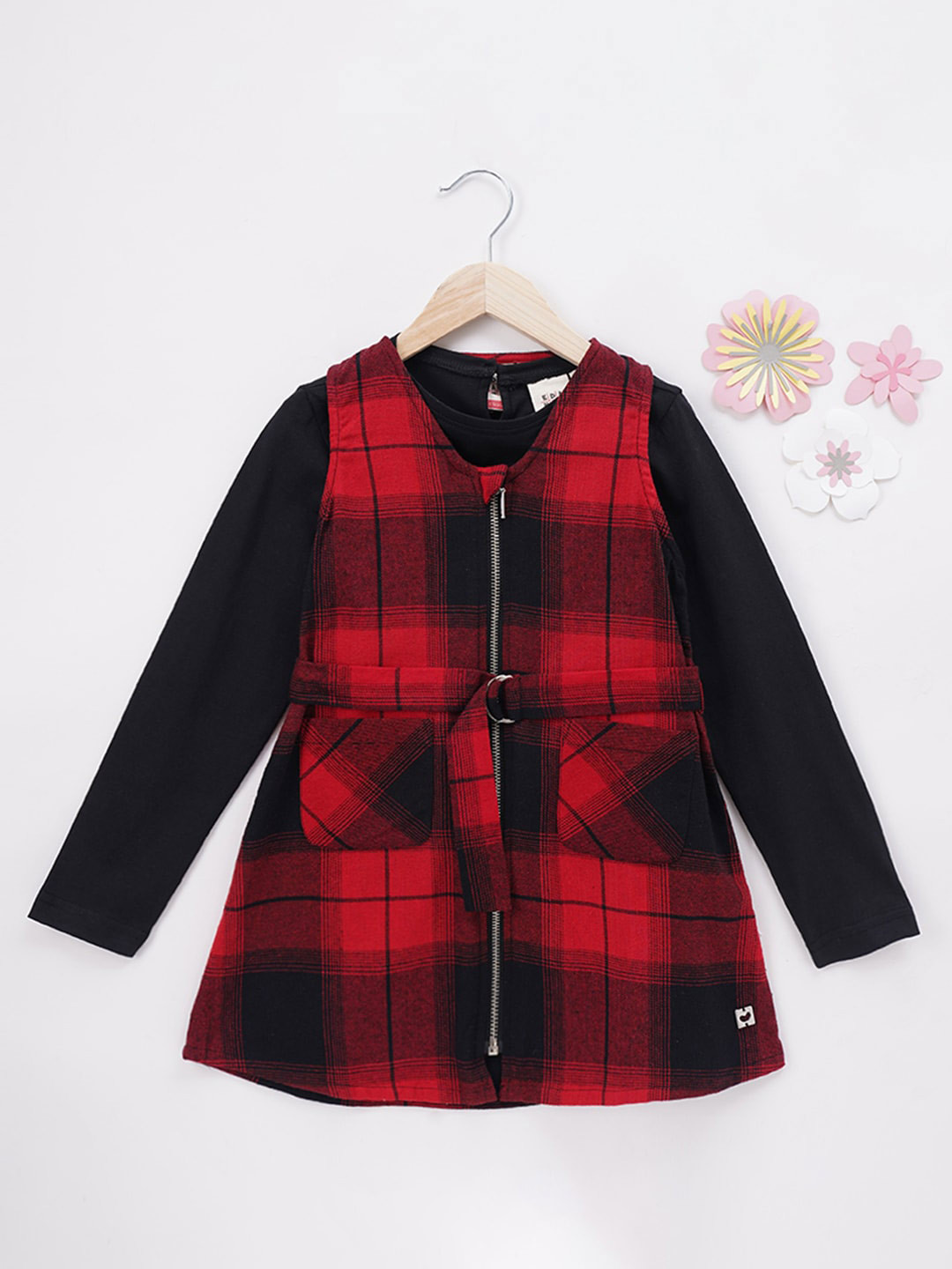 Ed-a-Mamma Girls Checked A-Line Dress With T-shirt