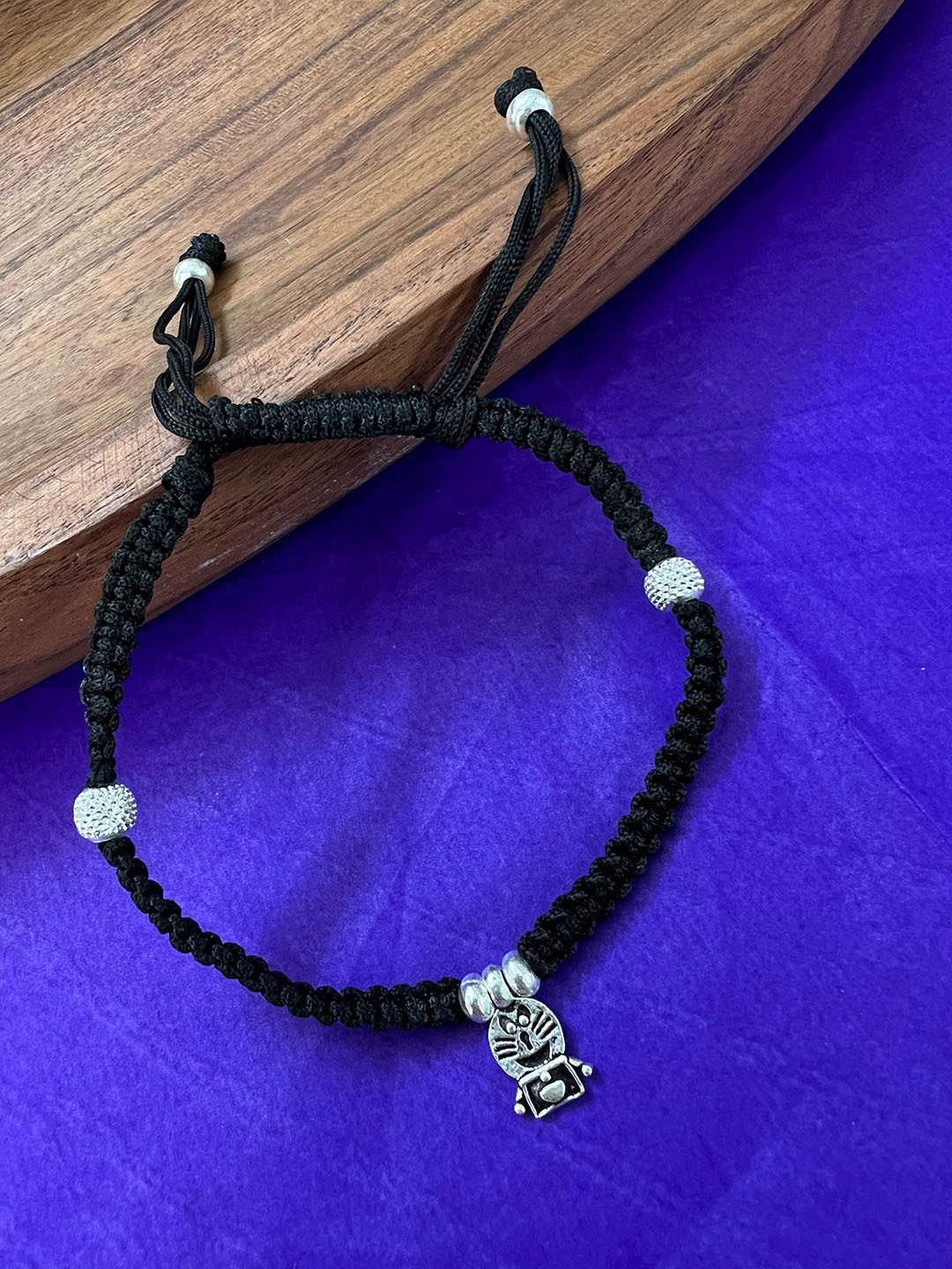 Arte Jewels Oxidized 925 Sterling Silver Doremon Shaped Charm Thread Anklet