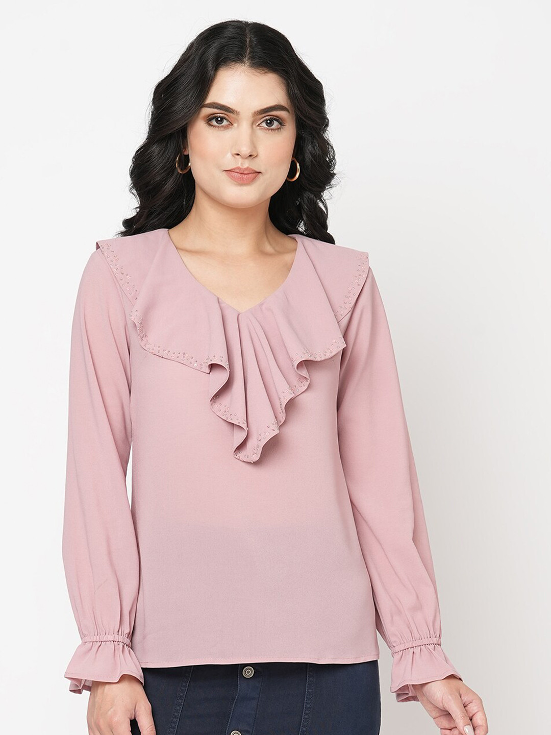MISH Pink V-Neck Puff Sleeves Ruffles Detailed Top