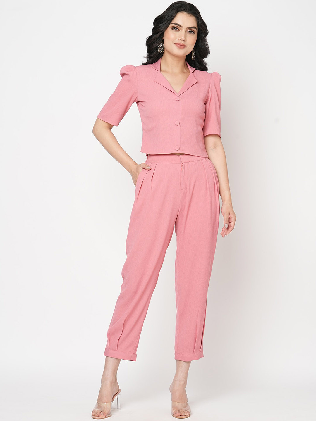MISH Pink Blazer Style Crop Top With Straight-Fit Cuffed Trousers