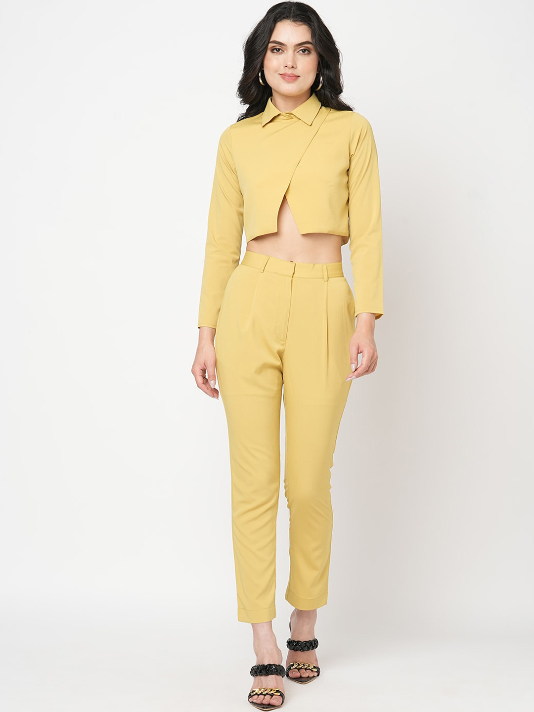MISH Yellow Shirt Collar Overlap Crop Top With Fitted Trousers
