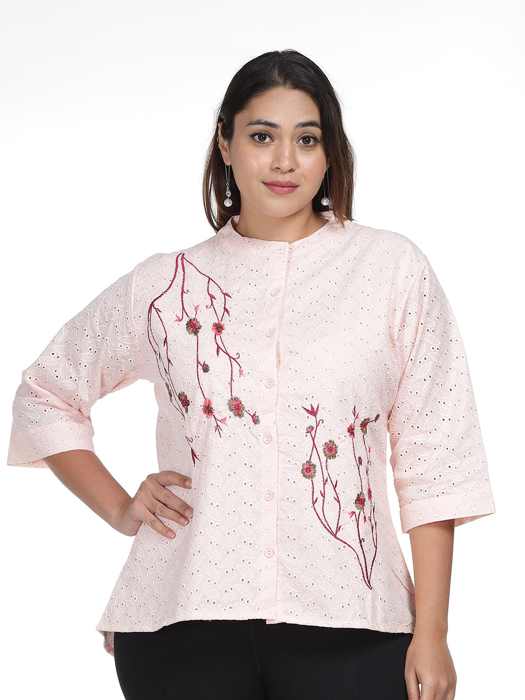 9shines Label Plus Size Self Design Embroidered Schiffli Cotton Shirt Style Top