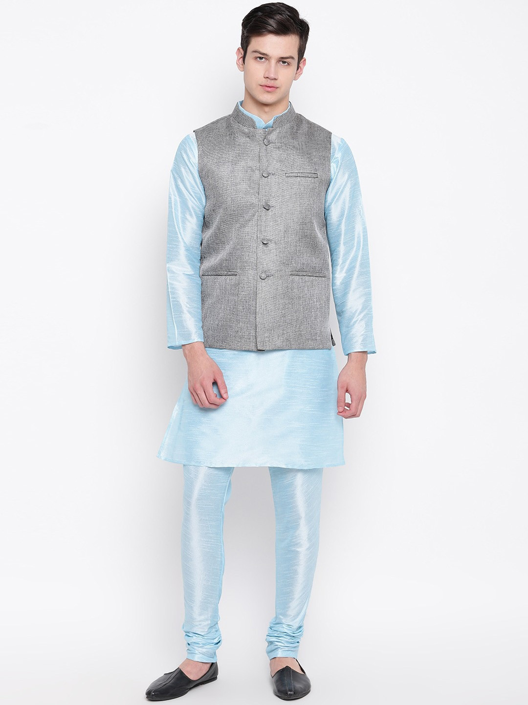 MAG Mandarin Collar Regular Dupion Silk Kurta with Churidar & Nehru Jacket