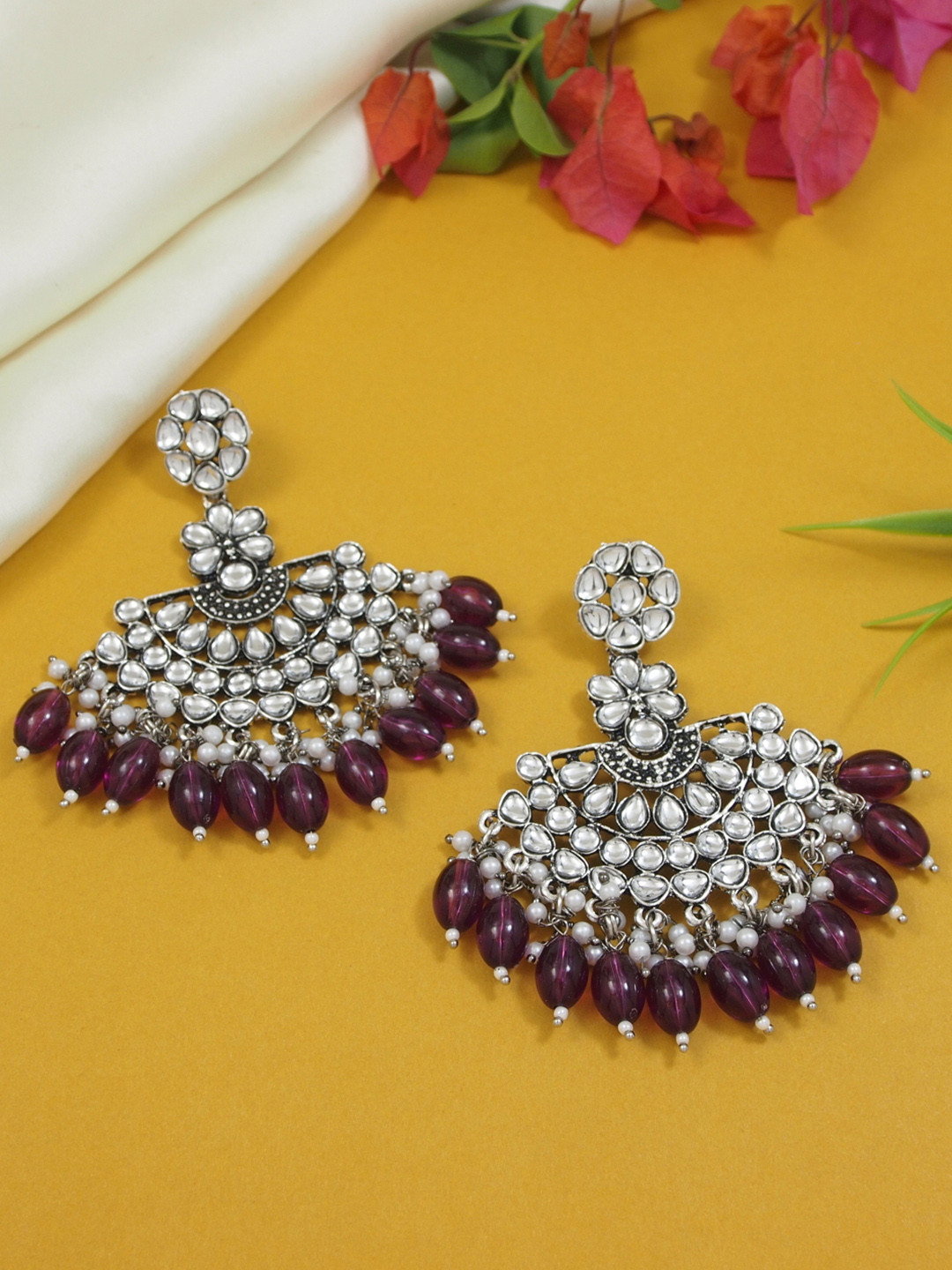 I Jewels Silver-Plated Contemporary Kundan Studded & Beaded Chandbalis