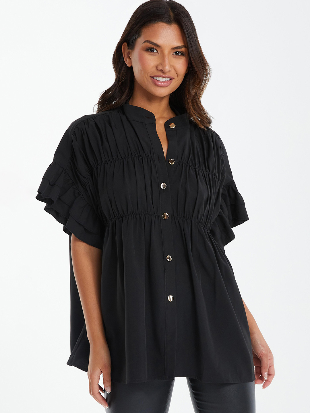 QUIZ Black & raisin Ruched Mandarin Collar Flared Sleeves A-Line Top