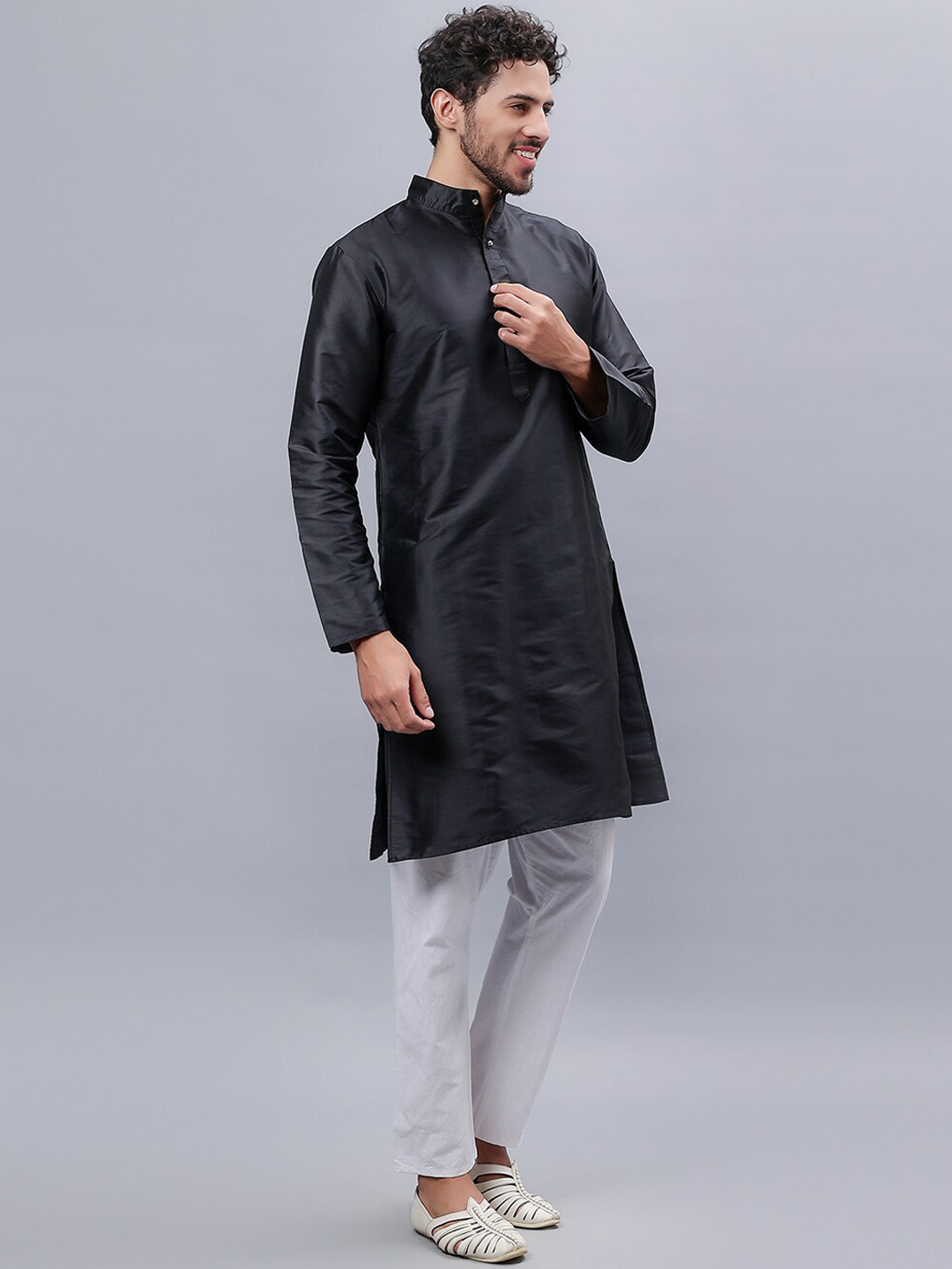 Mad Over Print Men Black Thread Work Kurta