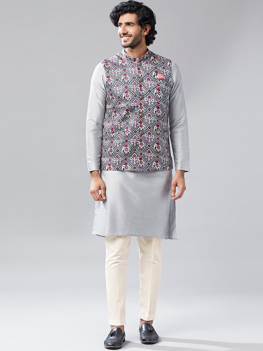 KISAH Kurta & Trousers With Ethnic Motifs Printed Nehru Jacket