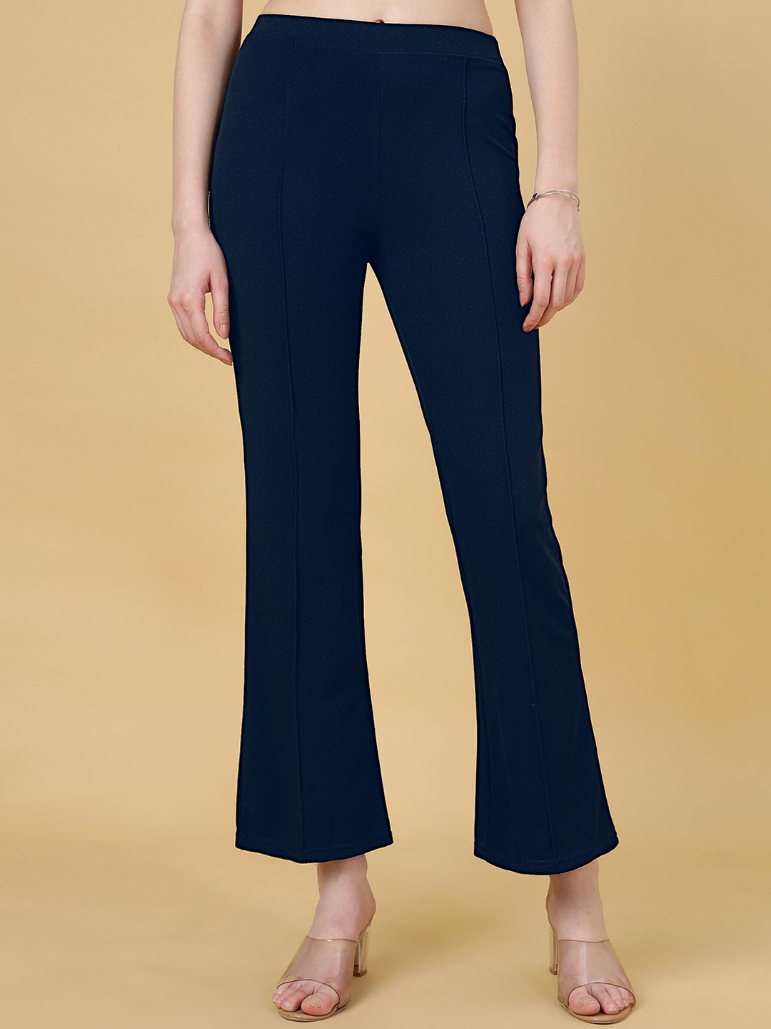 FITHUB Women Relaxed Straight Leg Flared High-Rise Easy Wash Lycra Bootcut Trouser