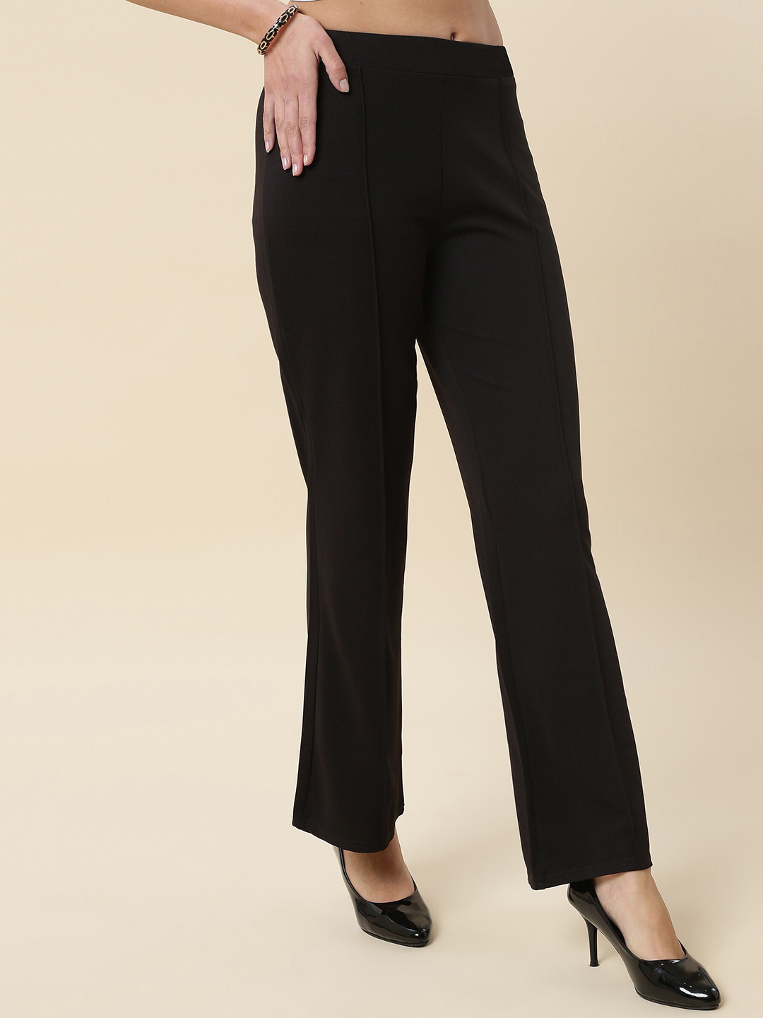 FITHUB Women Relaxed Straight Leg Flared High-Rise Easy Wash Lycra Bootcut Trouser