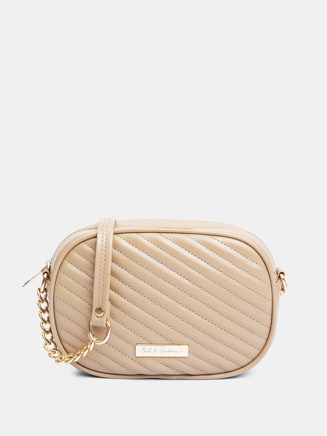 Mast & Harbour Beige Textured Structured Sling Bag With Quilted