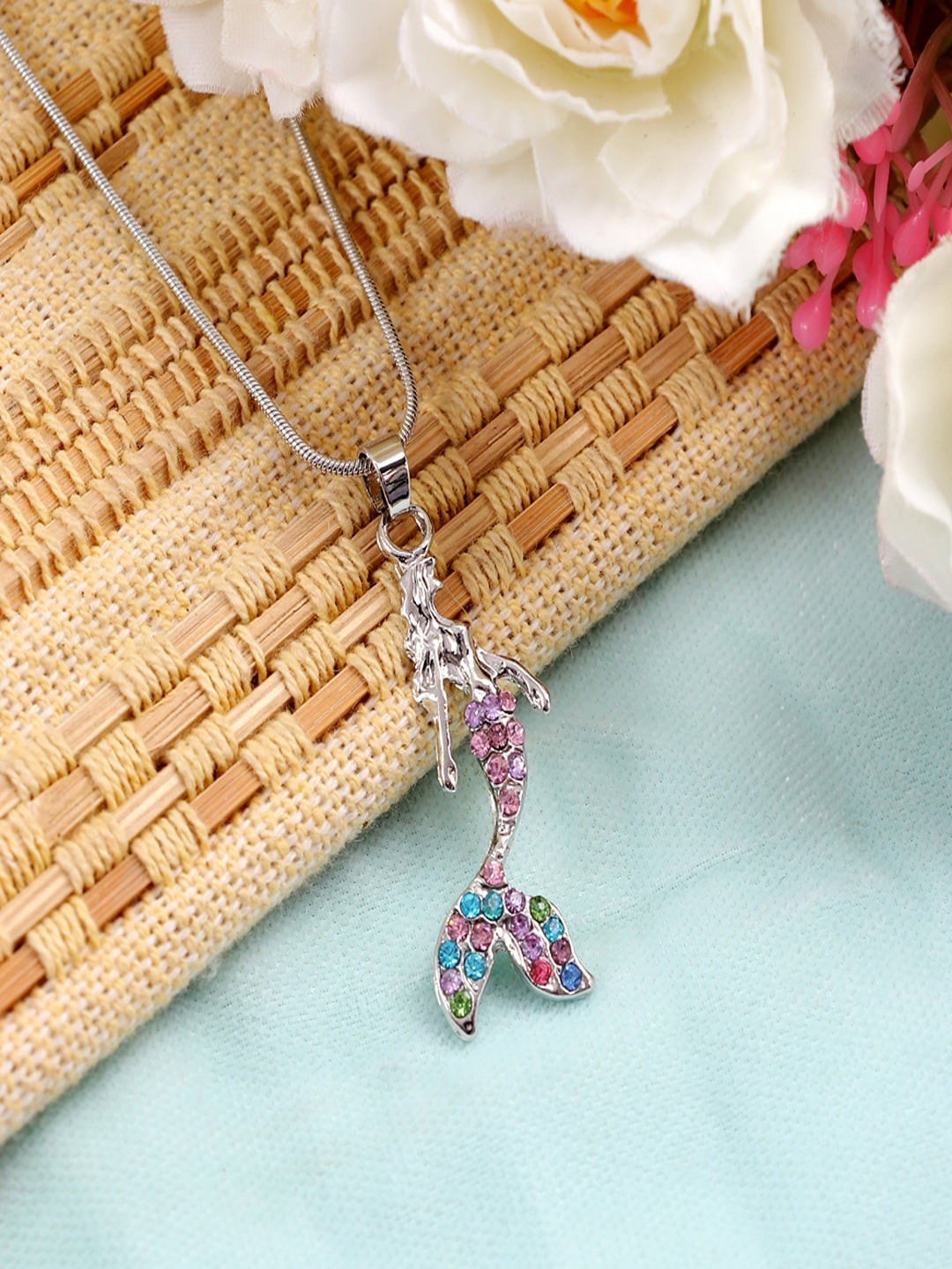 UNIVERSITY TRENDZ Silver Plated Pink Crystal  Mermaid Pendant Necklace