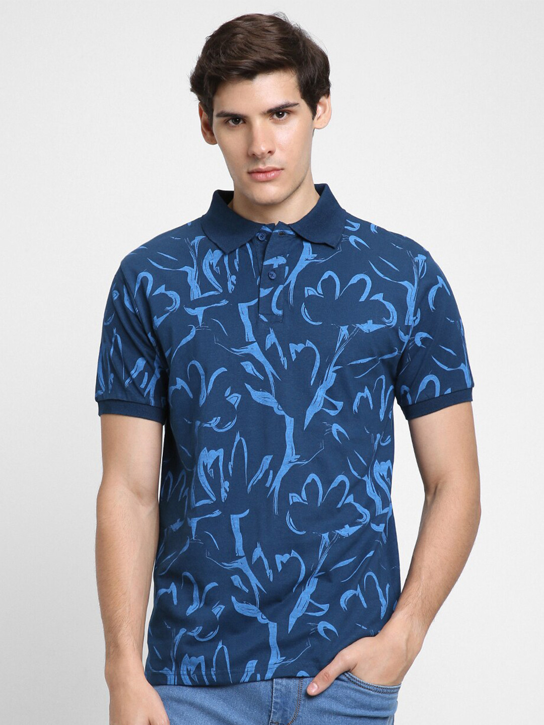 Dennis Lingo Abstract Print Polo Collar Slim Fit Cotton T-shirt