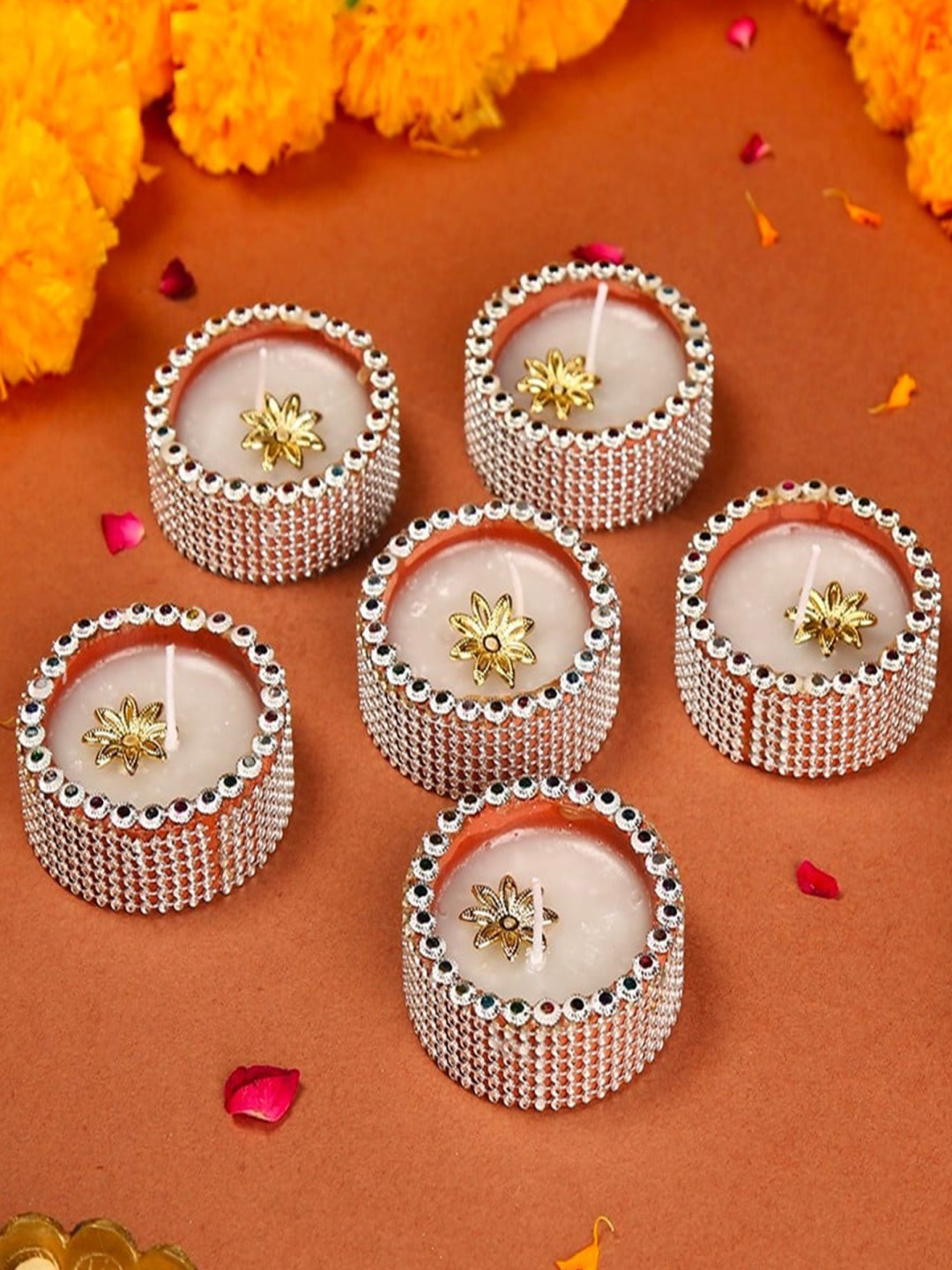 TIED RIBBONS White Set of 6 Terracotta Clay Wax Filled Diwali Diya Candles