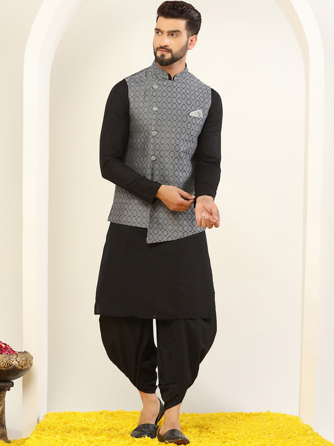 KISAH Mandarin Collar Straight Kurta & Dhoti Pants With Nehru jacket