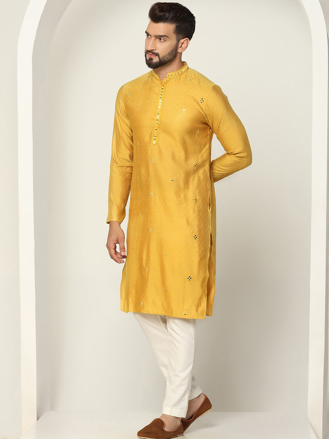 KISAH Geometric Mirror Work & Jacquard Mandarin Collar Straight Kurta with Trousers Set