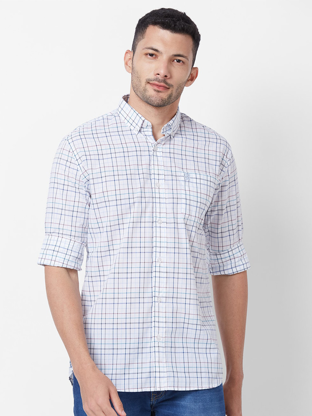 GIORDANO Slim Fit Checked Button Down Collar Chest Pocket Pure Cotton Casual Shirt