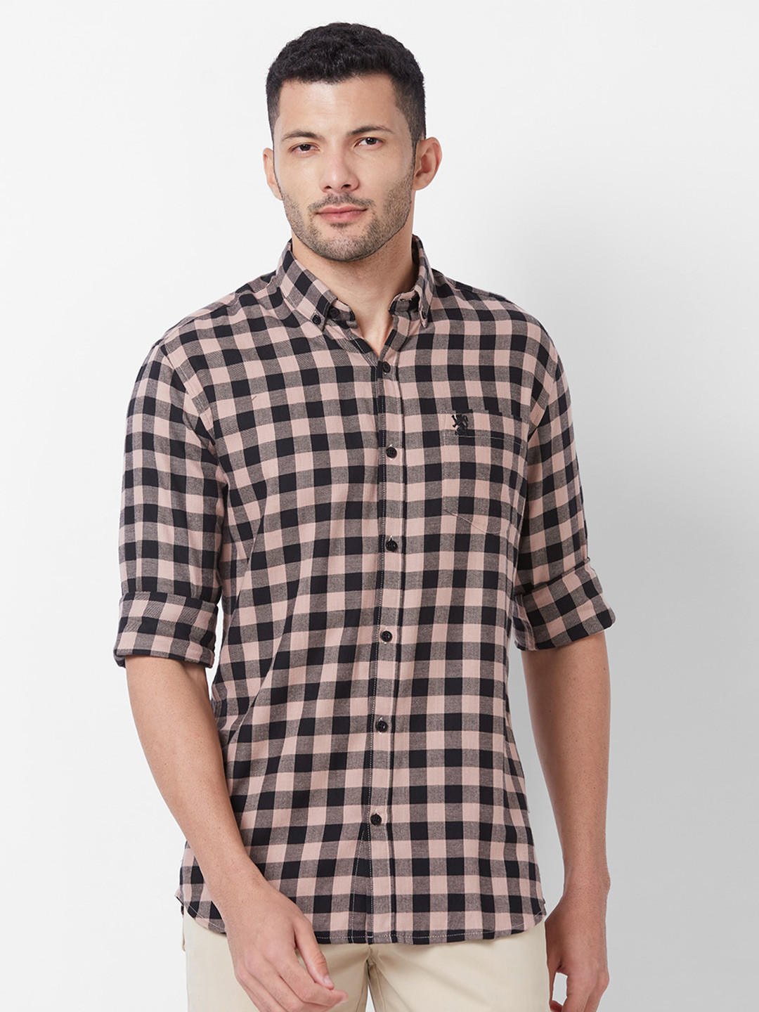GIORDANO Gingham Checked Button-Down Collar Slim Fit Pure Cotton Casual Shirt