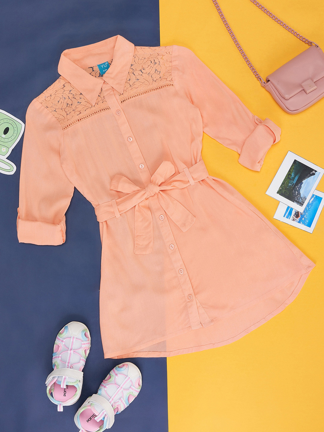 YU by Pantaloons Girls Lace Insert Detailed Shirt Collar Shirt Style Top